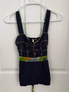 Anthropologie Navy Floral-Trim Fitted Tank